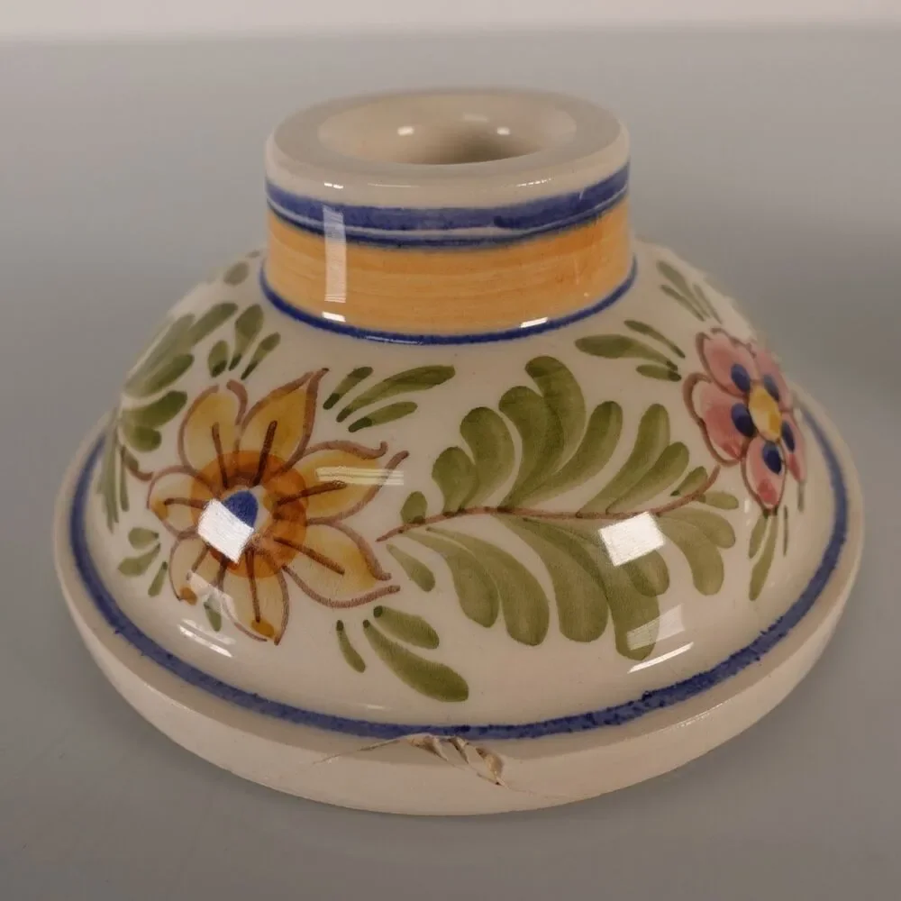 Pair of Hand Painted Delft Ceramic Taper Candlestick Holders Floral Design READ